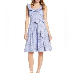 1901 Nordstrom Blue Clipdot Stripe Pleat Collar Cotton Linen Tie Dress‎ 2 Petite